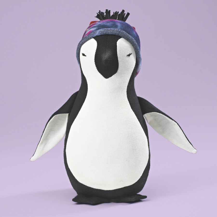 Maggie\'s Organics penguin made from fabric scraps